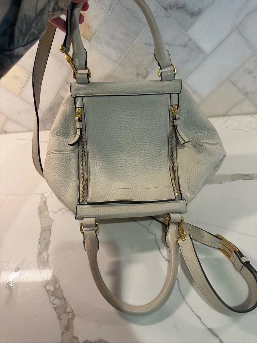 Tory Burch White Pebbled Leather Half Moon Satchel